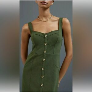 Anthropologie Maeve Moss Green Knit Button Front Midi Dress Babydoll Jumper 12